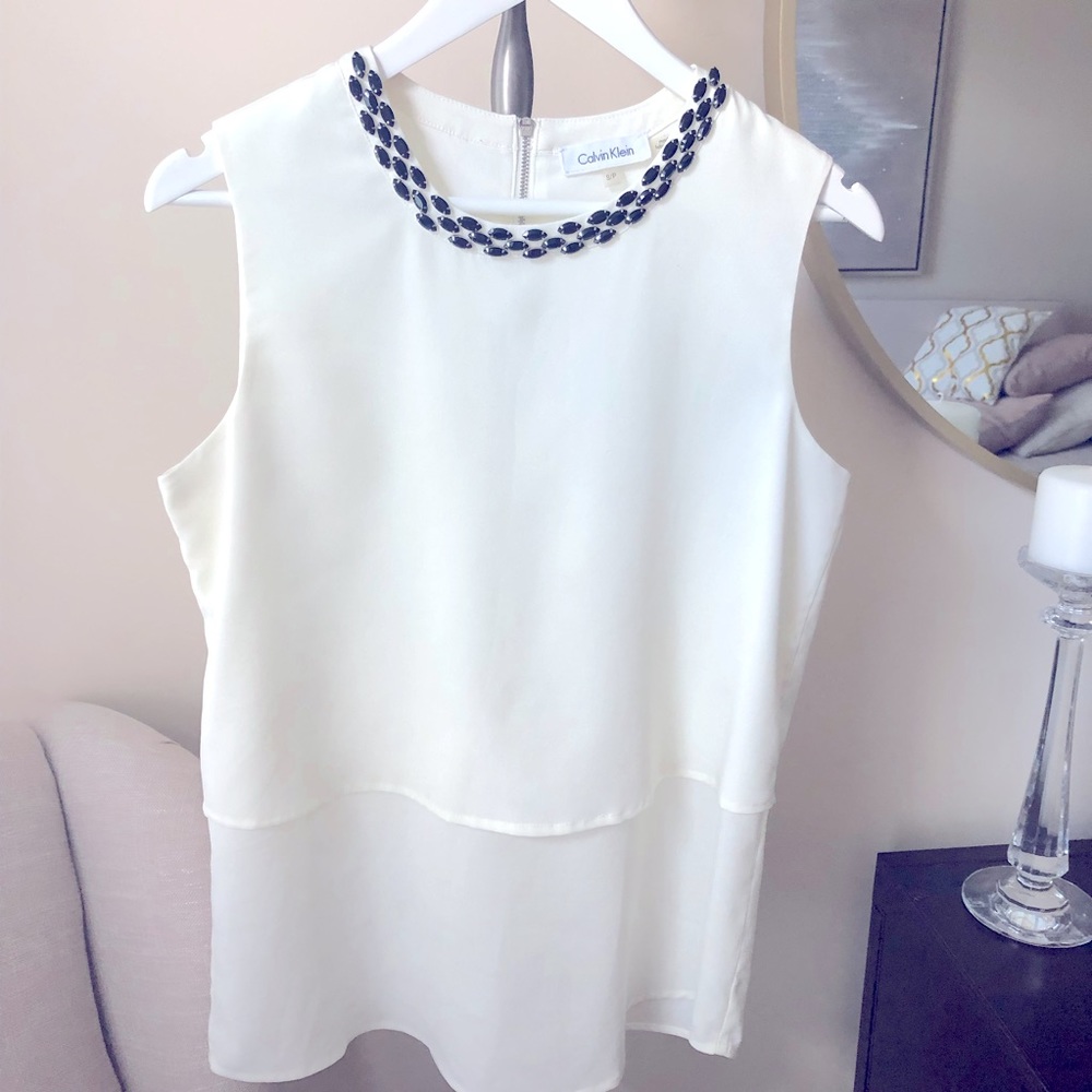 Calvin Klein Small Cream Sleeveless Multilayer Blouse Black Beaded Neckline